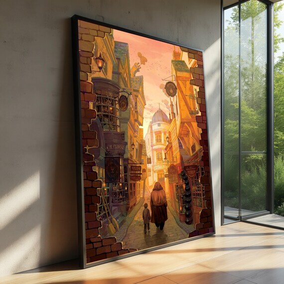 Magical Alleyway Sunset Fantasy Street Canvas Potion Shop Wall Art Warm Light Urban Scene Enchanted Cityscape Home Decor