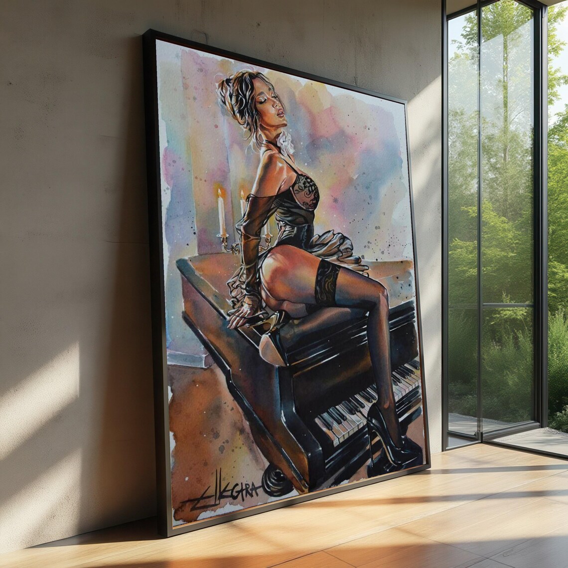 Sensual Woman On Grand Piano Lingerie Boudoir Watercolor Elegant Art Poster
