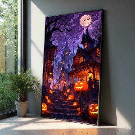 Halloween Night Village Jack O Lanterns Canvas Spooky Haunted House Wall Art Full Moon Bats Decoration Autumn Festival Print