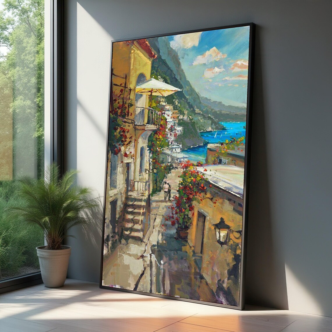 Mediterranean Coastal Village Alleyway Sea View Oil Painting Poster