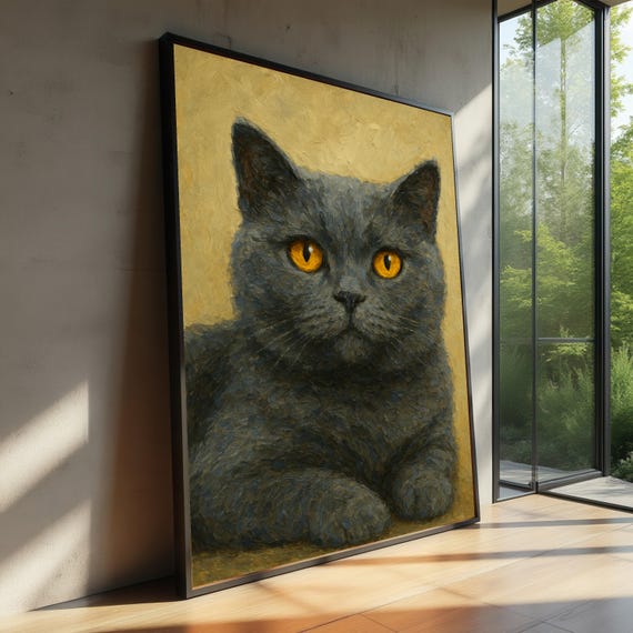 Grey British Shorthair Cat Portrait Amber Eyes Oil Painting Poster
