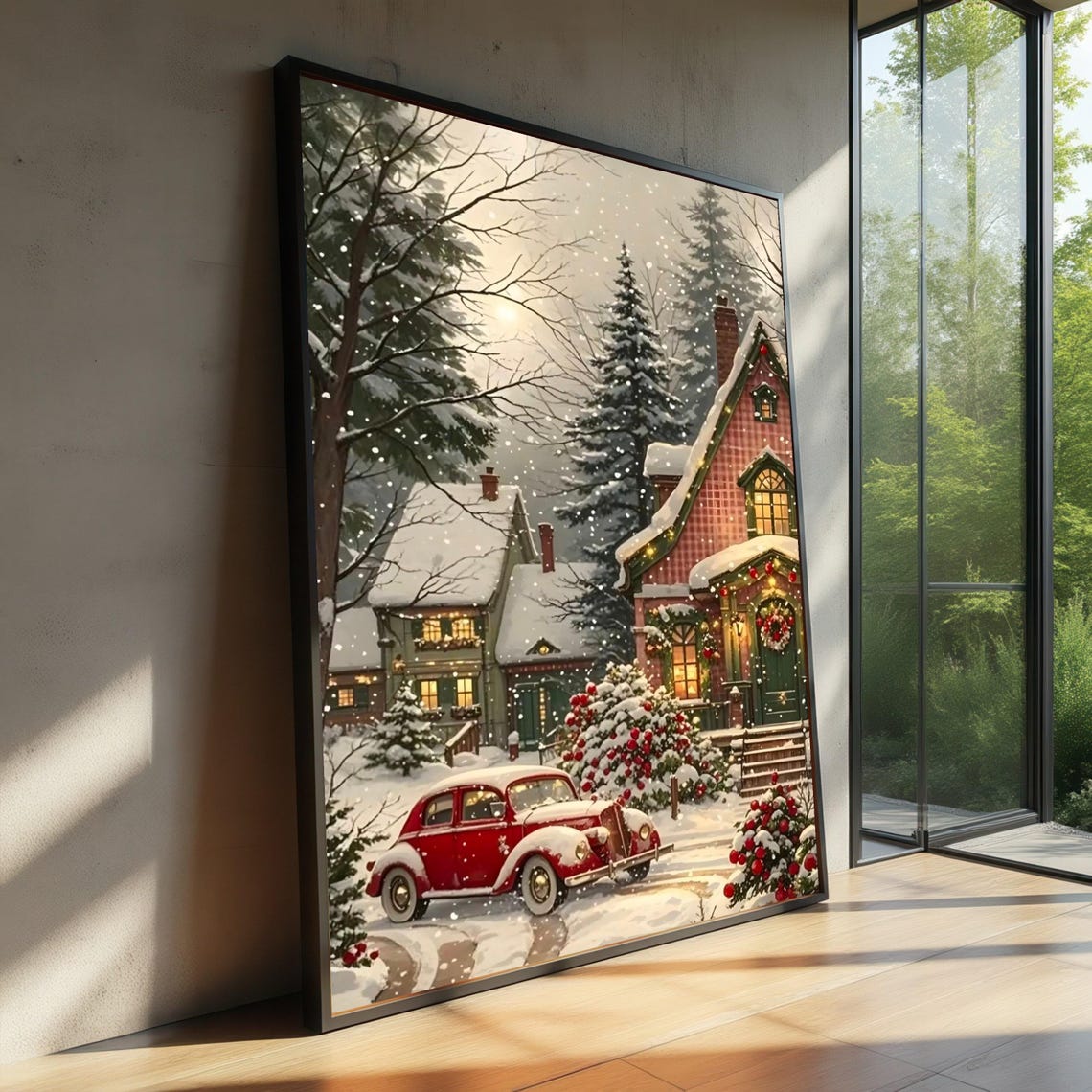 Snowy Winter Cottage Scene Red Vintage Car Glowing Windows Art Poster