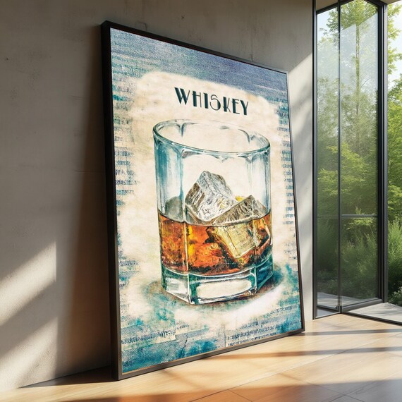 Whiskey Glass Ice Cubes Vintage Watercolor Drink Home Bar Wall Art