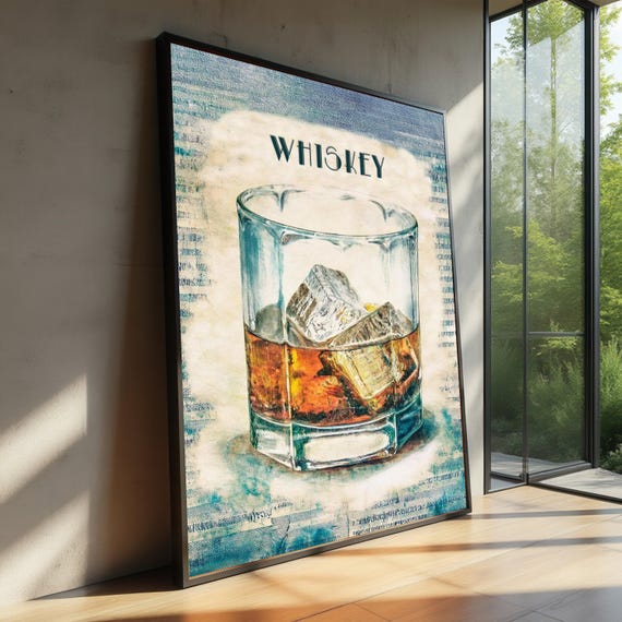 Whiskey Glass With Ice Cubes Canvas Wall Art Vintage Drink Illustration Bar Decor Beverage Print Home Decoration