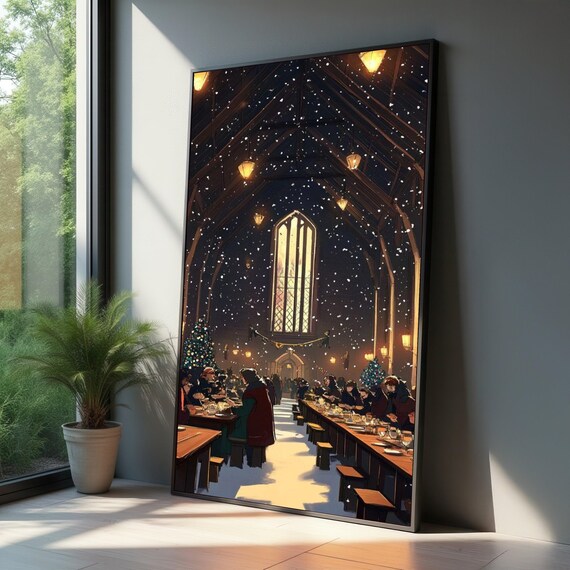 Magical Great Hall Christmas Feast Night Scene Castle Art Poster