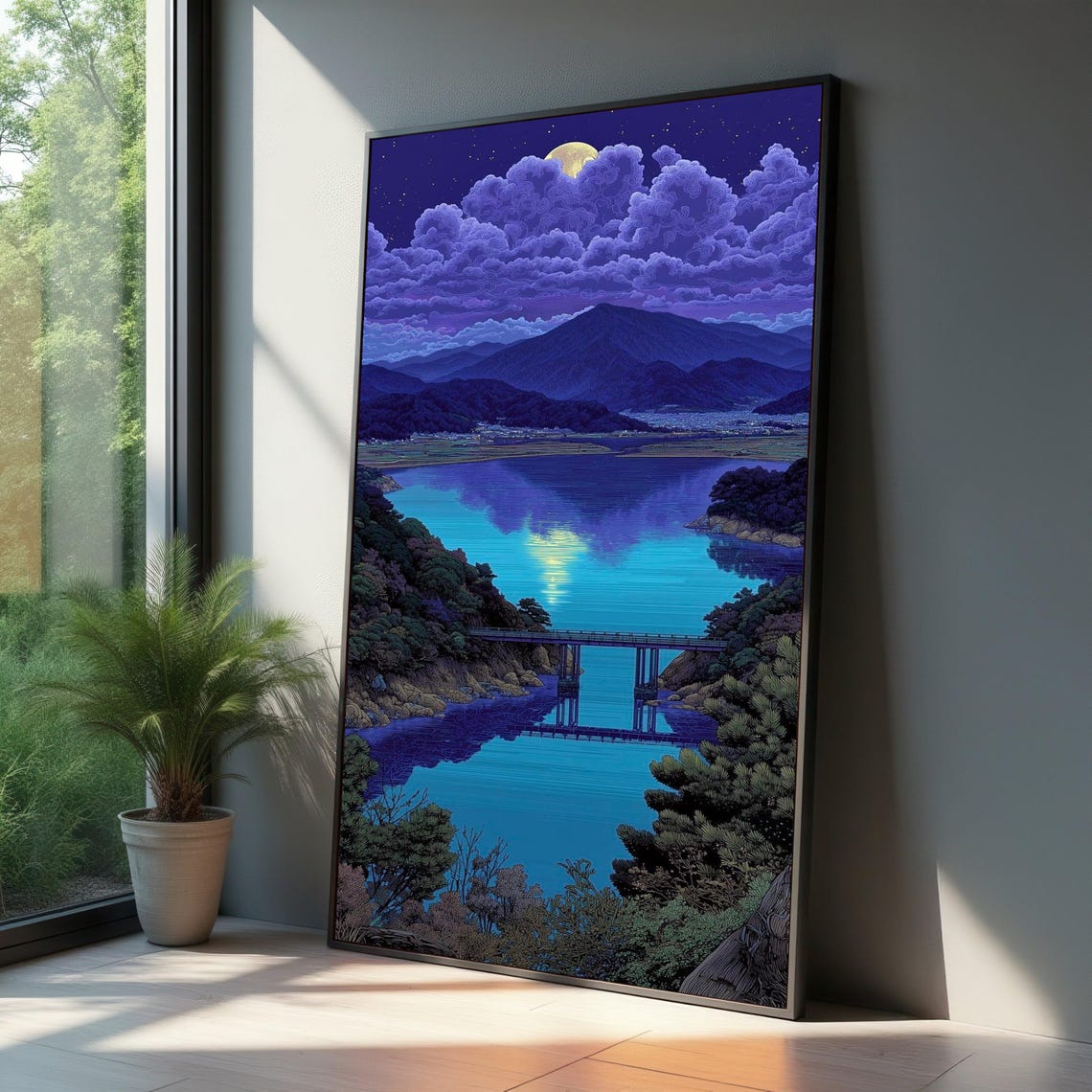 Moonlit Mountain Lake Night Landscape Reflection Anime Art Poster