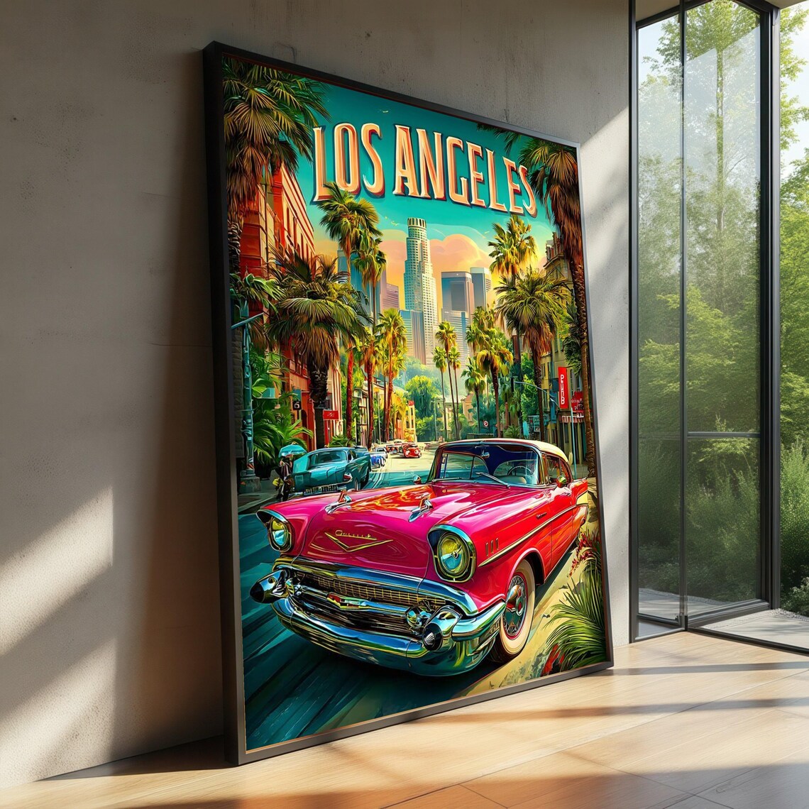 Pink Vintage Chevrolet 50s Street Scene Los Angeles Travel Poster