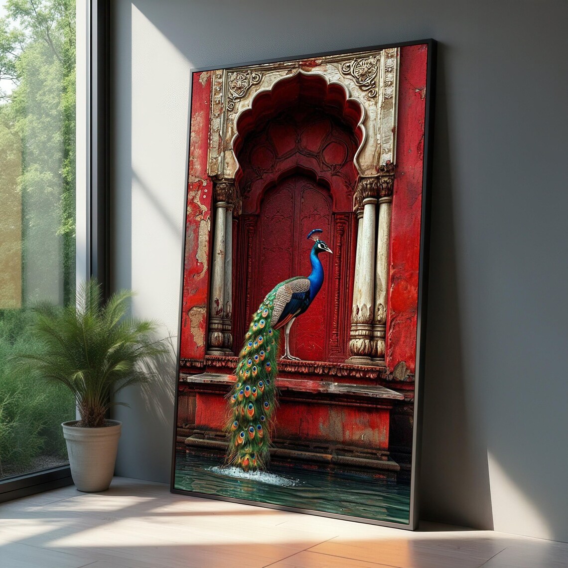 Peacock on Ornate Red Indian Archway Vibrant Bird Art Poster