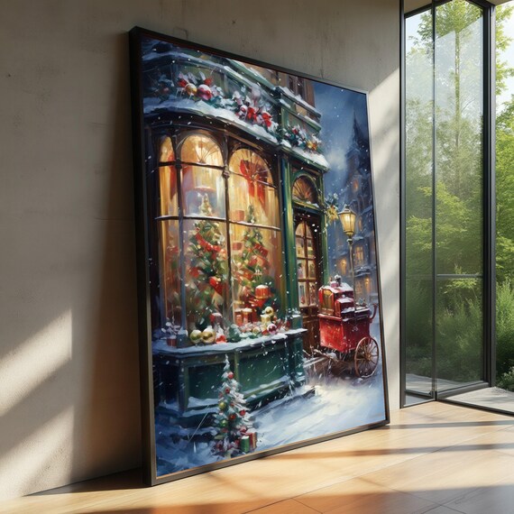Christmas Shop Window Snowy Night Street Cozy Festive Holiday Poster