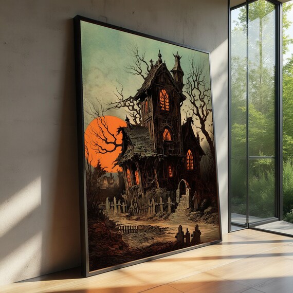 Haunted Victorian House Canvas Halloween Wall Art Spooky Gothic Home Decor Creepy Mansion Dark Scene Ready To