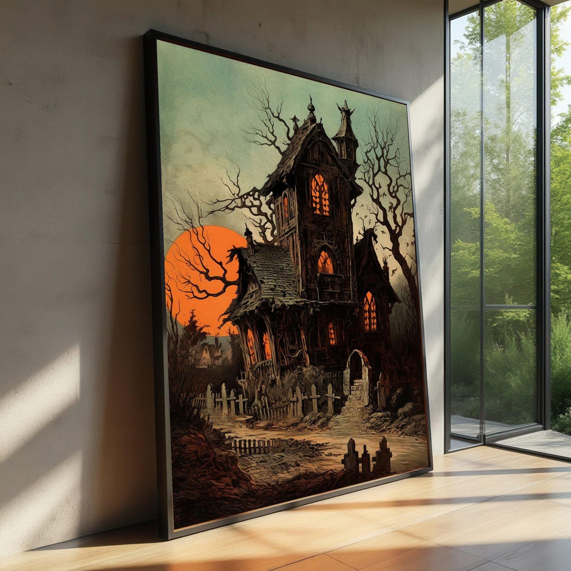 Haunted Victorian Mansion Under Orange Moon Gothic Halloween Print