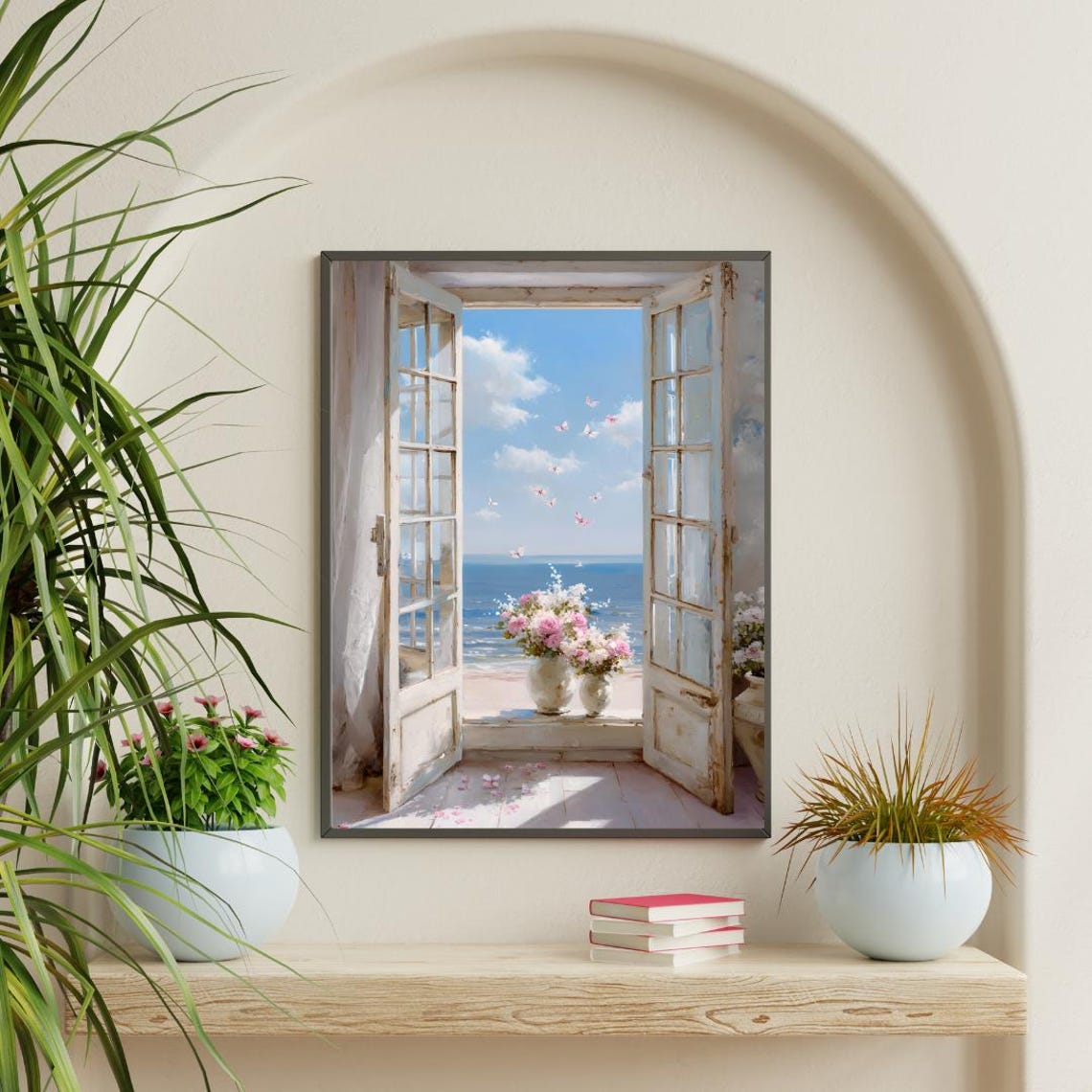 Open French Doors Ocean View Flowers Coastal Window Art Poster