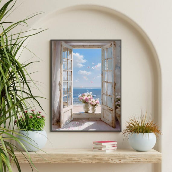 Coastal Sea View Vintage Window Art Butterflies And Flowers