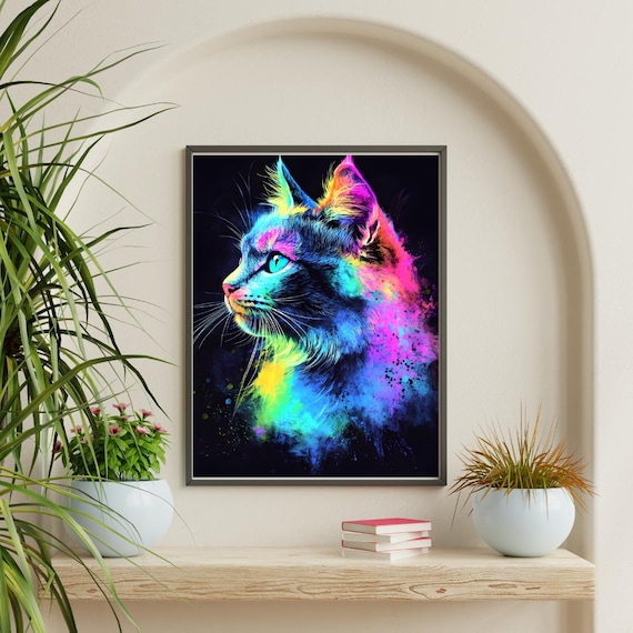 Neon Watercolor Cat Profile Rainbow Splash Feline Art Poster