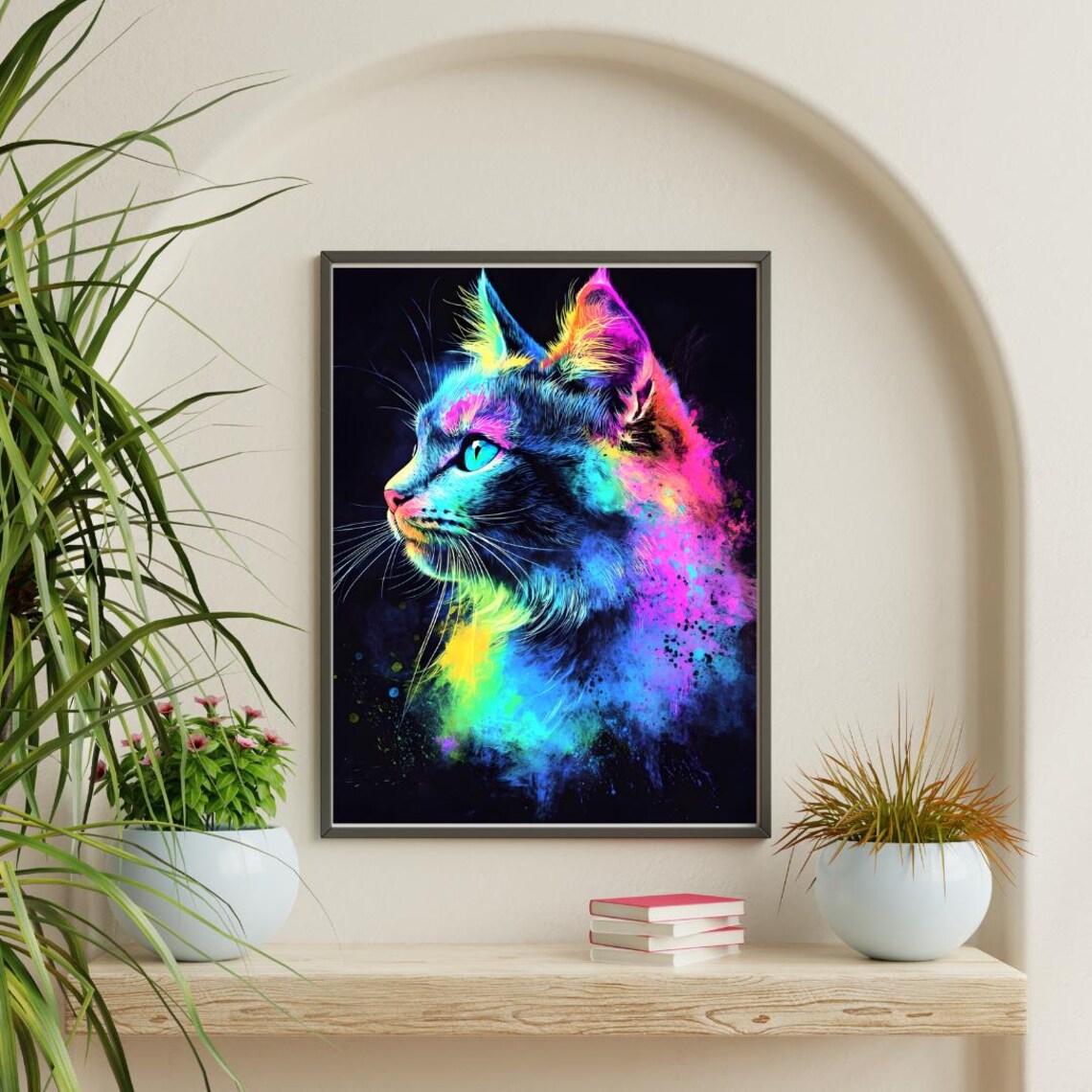 Neon Watercolor Cat Profile Rainbow Splash Feline Art Poster