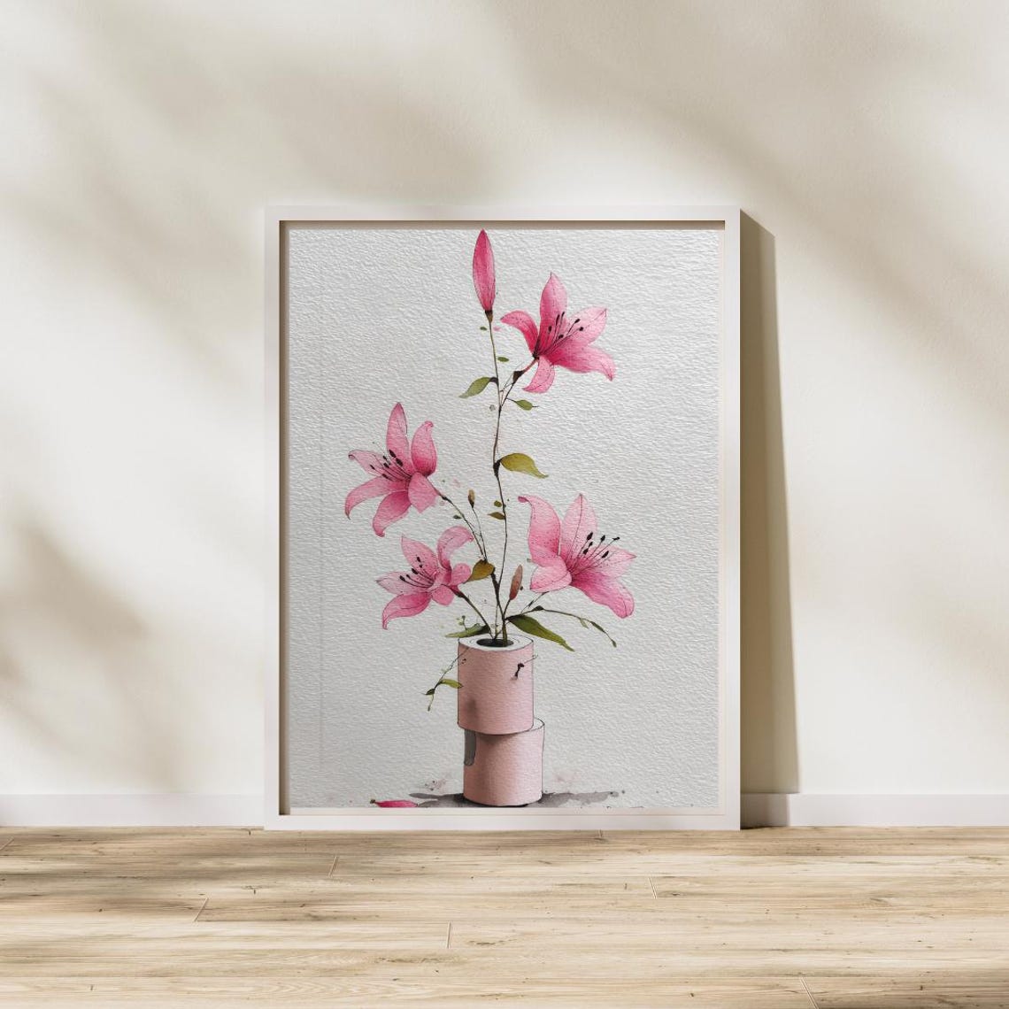 Pink Lily In Toilet Paper Roll Quirky Watercolor Flower Poster