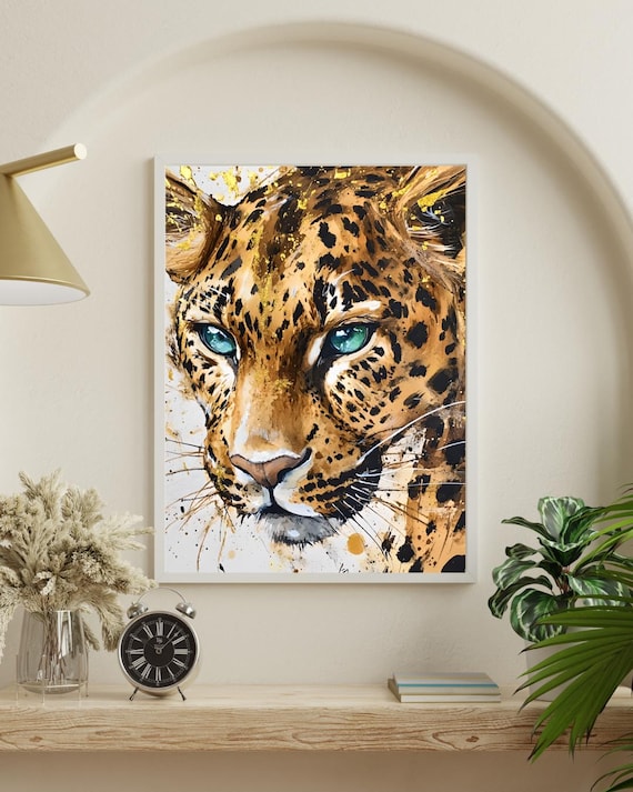 Golden Leopard Watercolor Print Sparkle Splatter Jungle Art