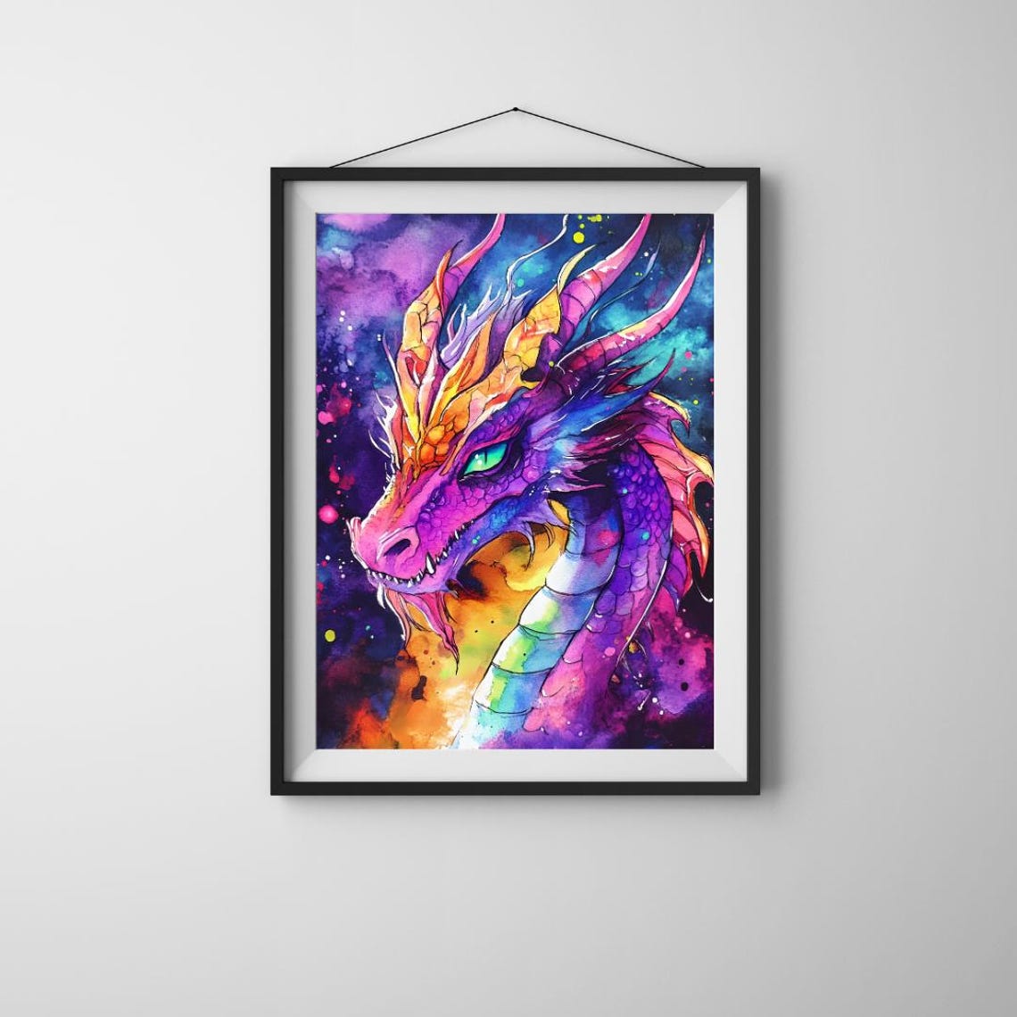 Epic Vibrant Neon Watercolor Dragon Galaxy Fantasy Beast Poster