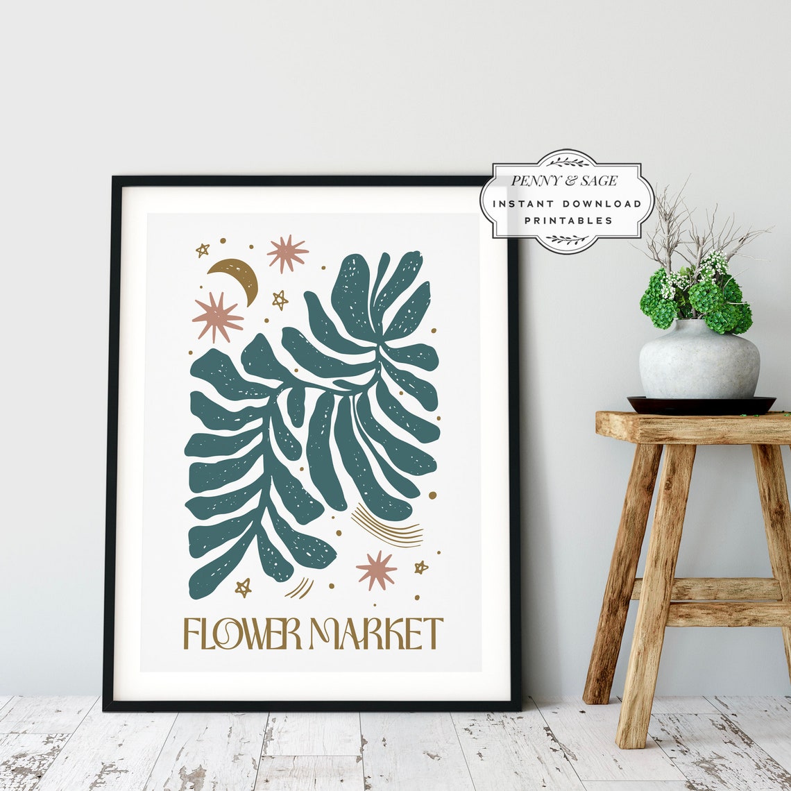 Flower Market Teal Monstera Leaves Celestial Botanical Art Poster