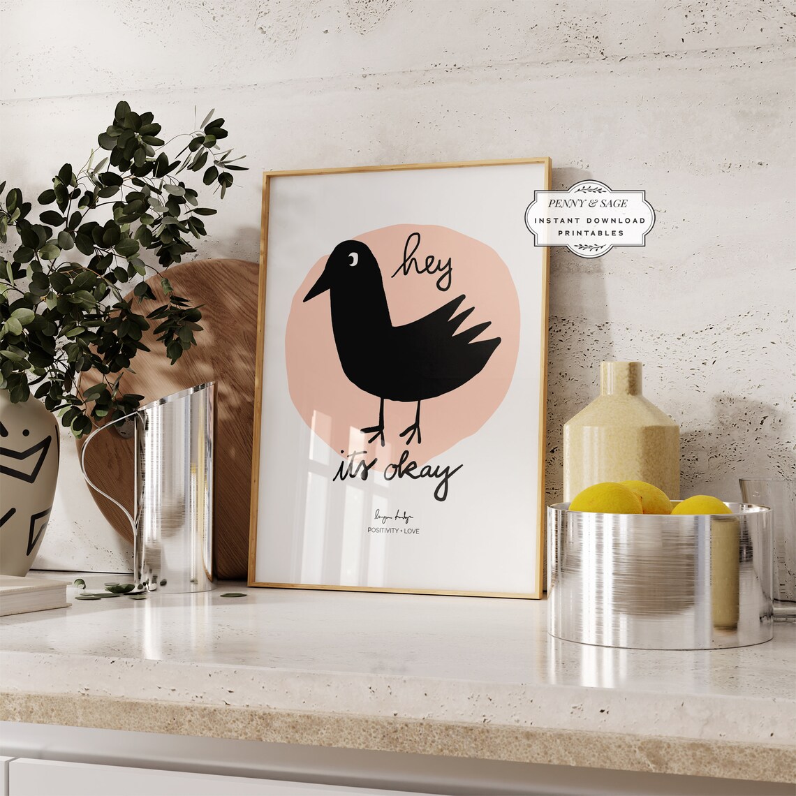 Hey Its Okay Encouraging Black Bird Pink Circle Quote Poster - Image 2