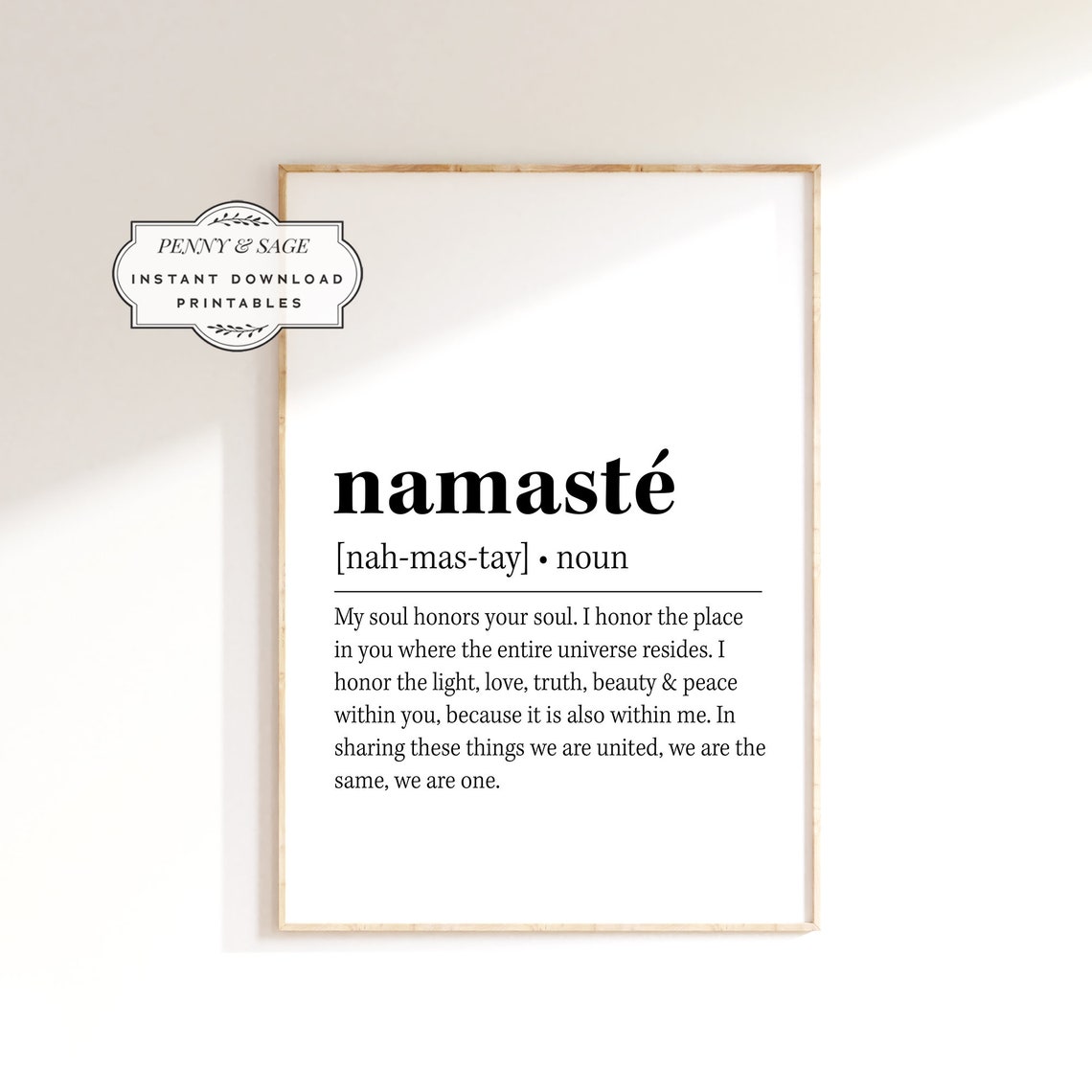 Namaste Definition Poster Yoga Studio Dictionary Quote Typography