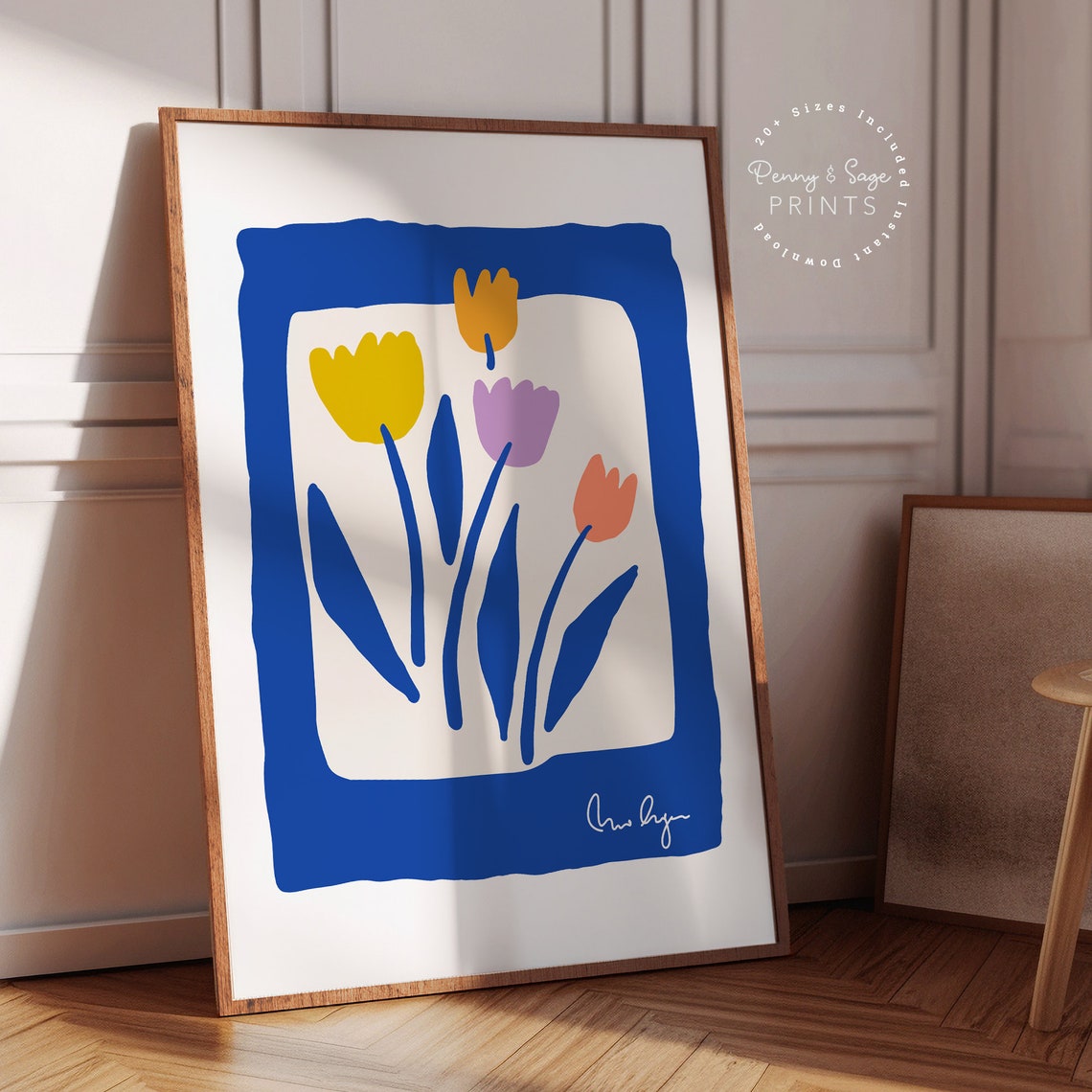 Blue Border Abstract Tulip Flower Modern Minimalist Art Poster - Image 2