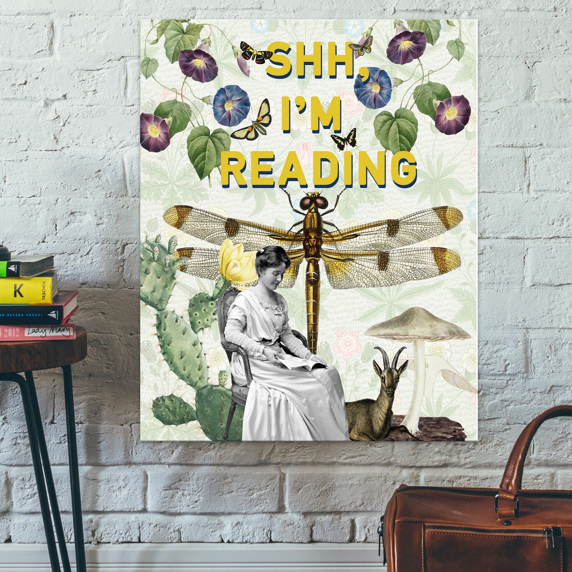 Shh Im Reading Surreal Vintage Collage Dragonfly Botanical Art Poster - Image 2