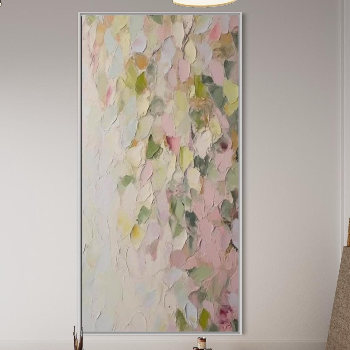 Pastel Pink Green Petals Abstract Impasto Vertical Floral Poster