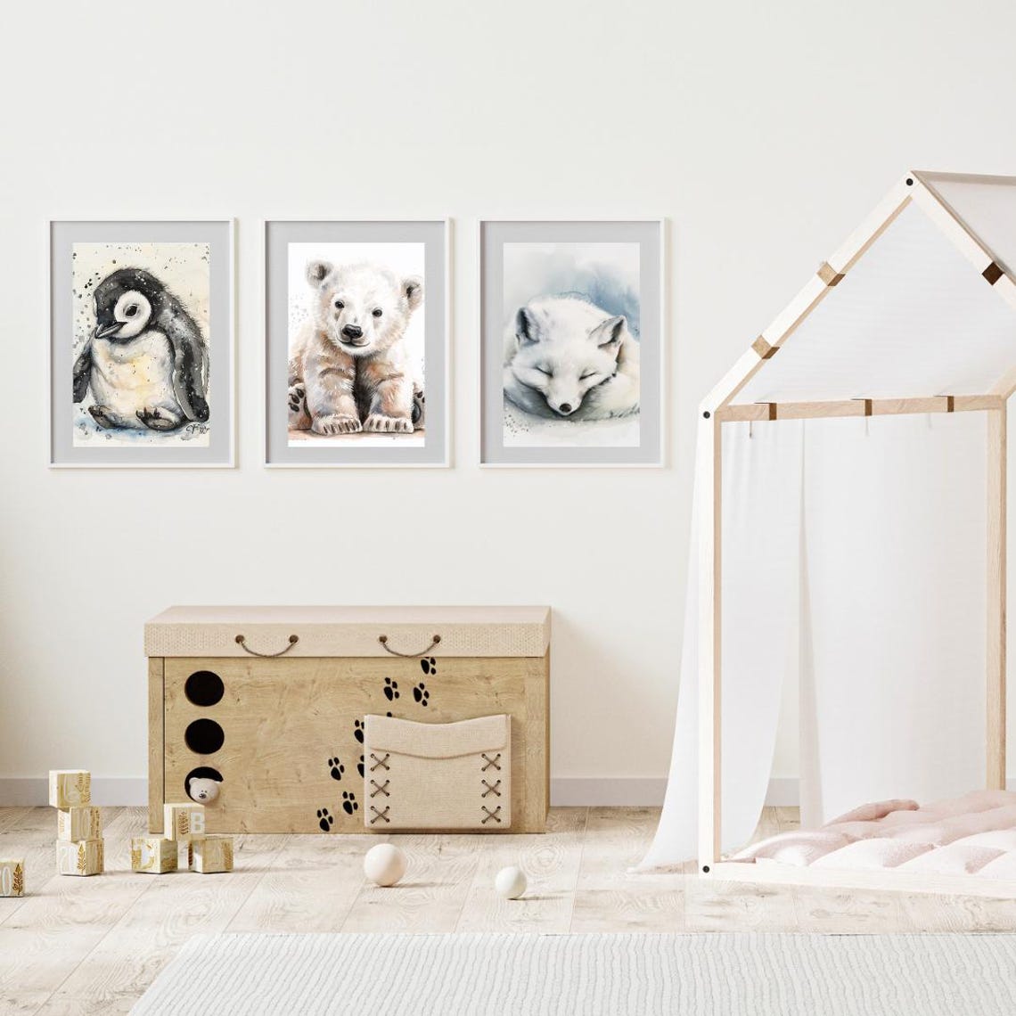 Smiling Polar Bear Cub Watercolor Sitting Cute Arctic Nursery Poster - Image 3