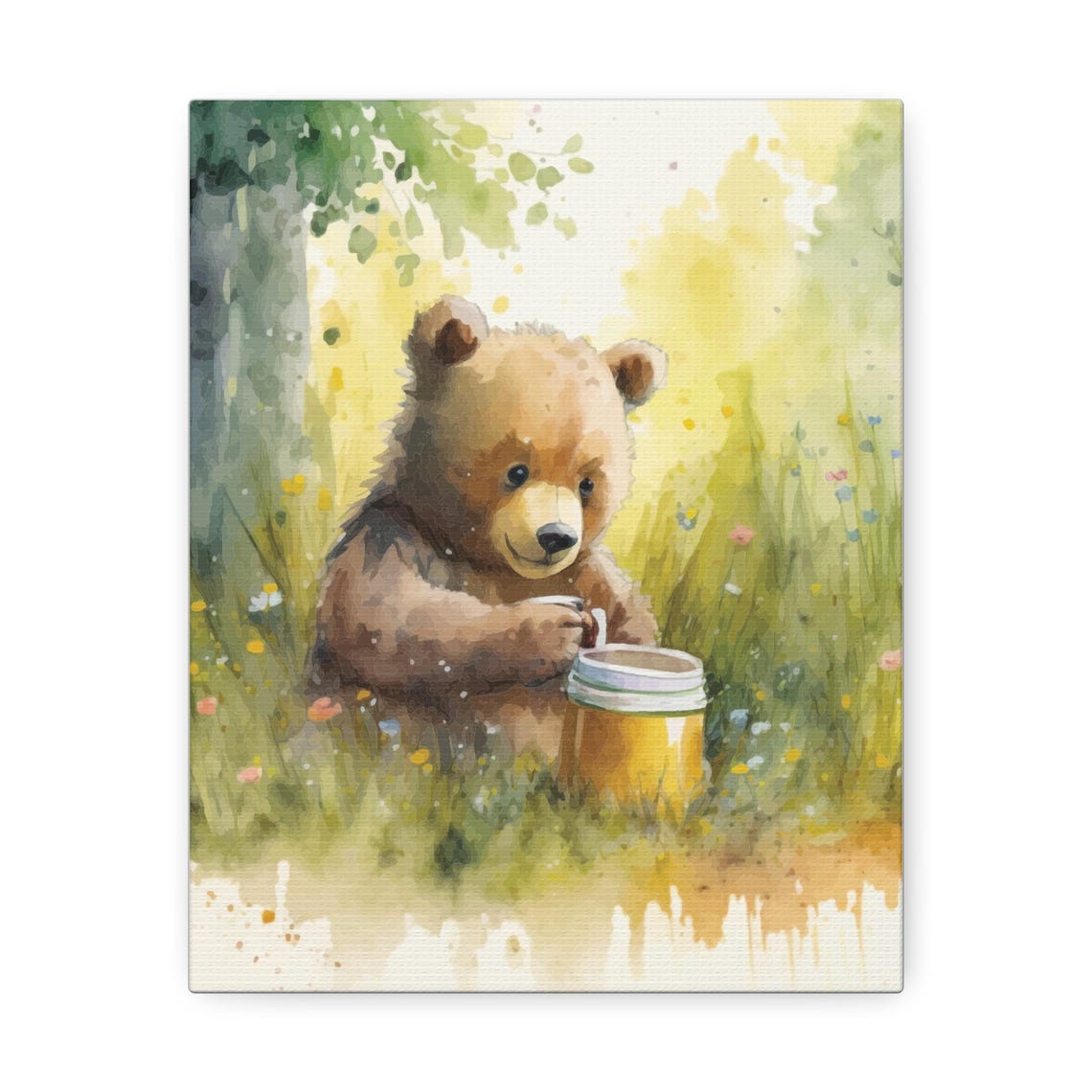 Baby Brown Bear Cub With Honey Pot Sunny Meadow Watercolor Poster - Image 4