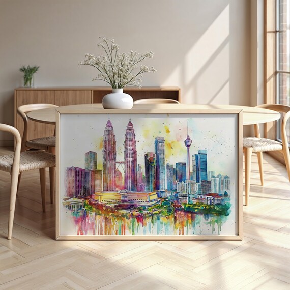 Kuala Lumpur Skyline Poster Watercolor Cityscape Art Framed Print