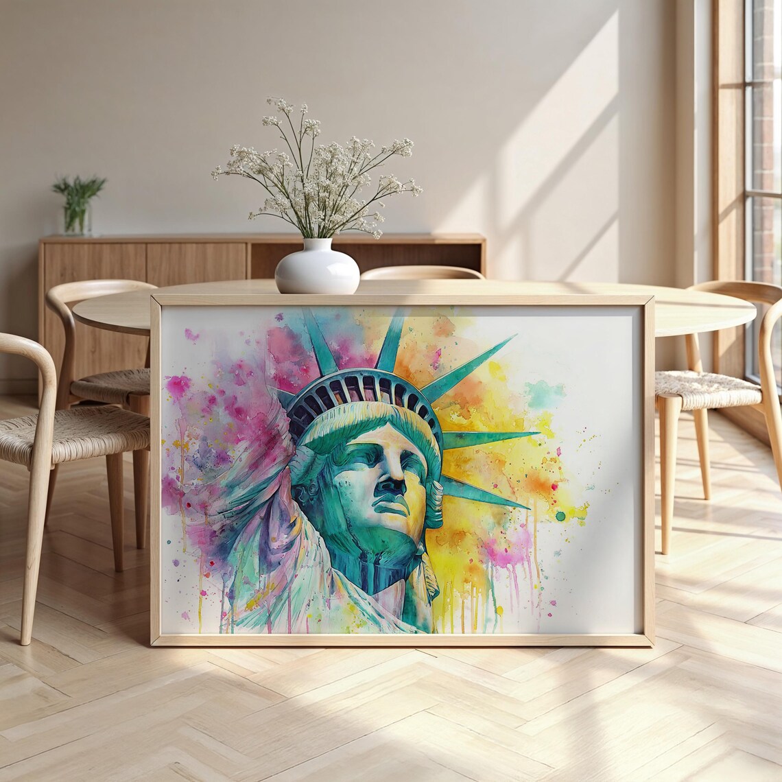 Statue Of Liberty Watercolor Splash Portrait Colorful NYC Art Poster