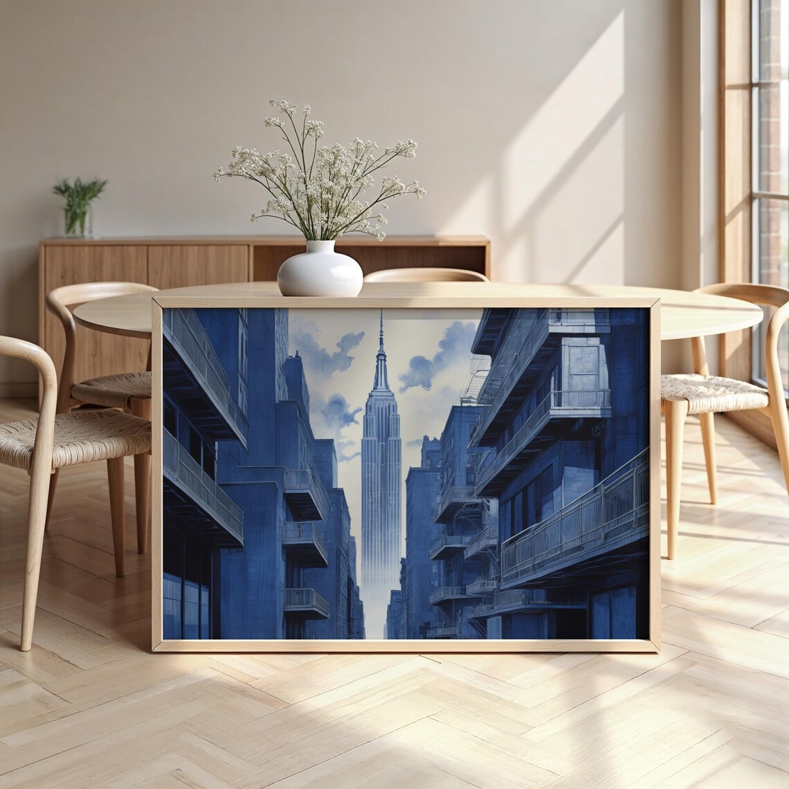 New York City Empire State Building Monochrome Blue Street Poster