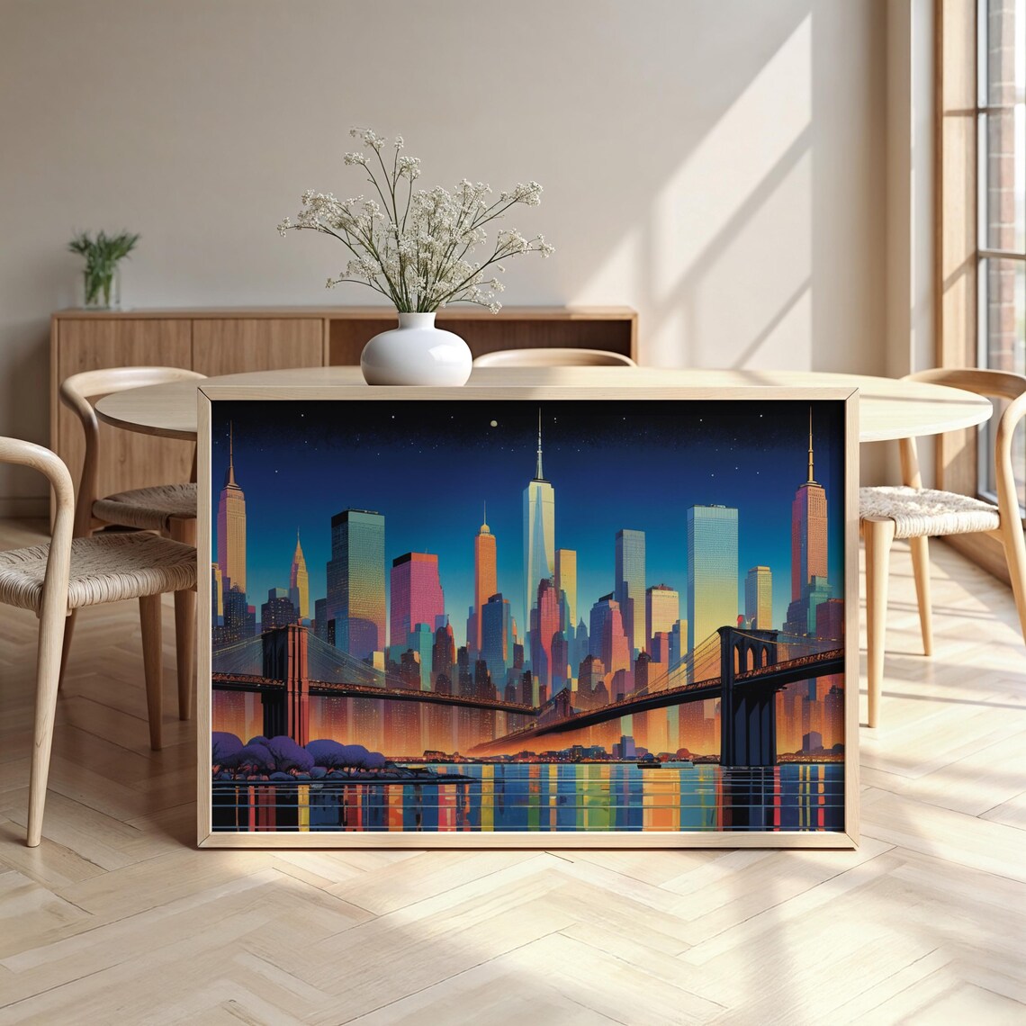 New York Brooklyn Bridge Night Skyline Starry Harbor Reflections Poster