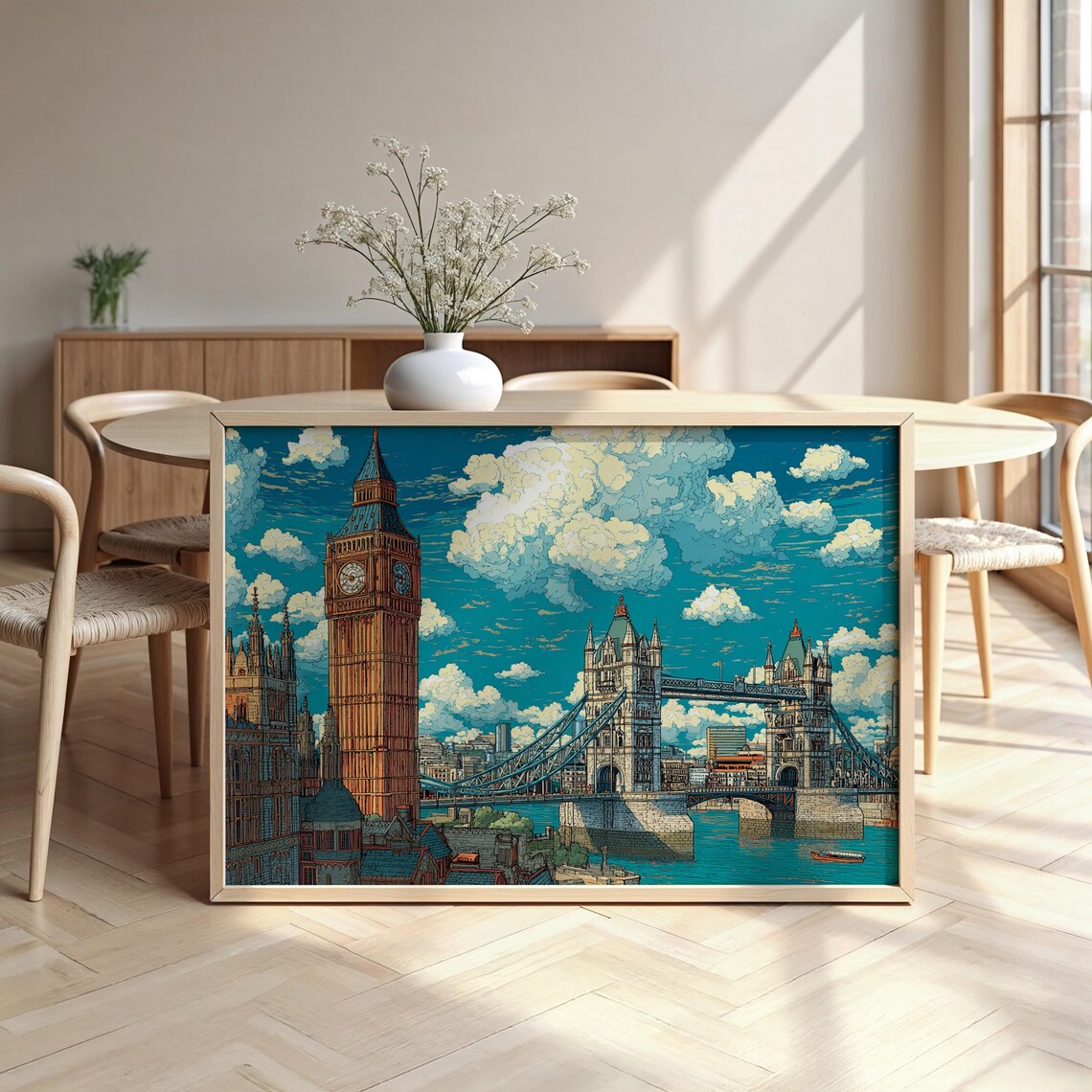 London Big Ben Tower Bridge Ukiyoe Japanese Style Landmark Poster