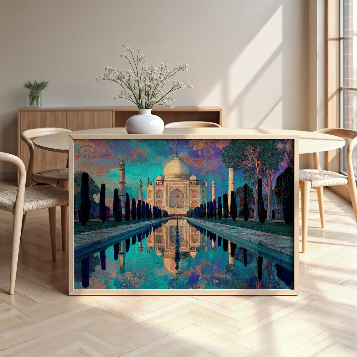 Taj Mahal Sunset Reflection Vibrant Teal Purple India Monument Travel Poster