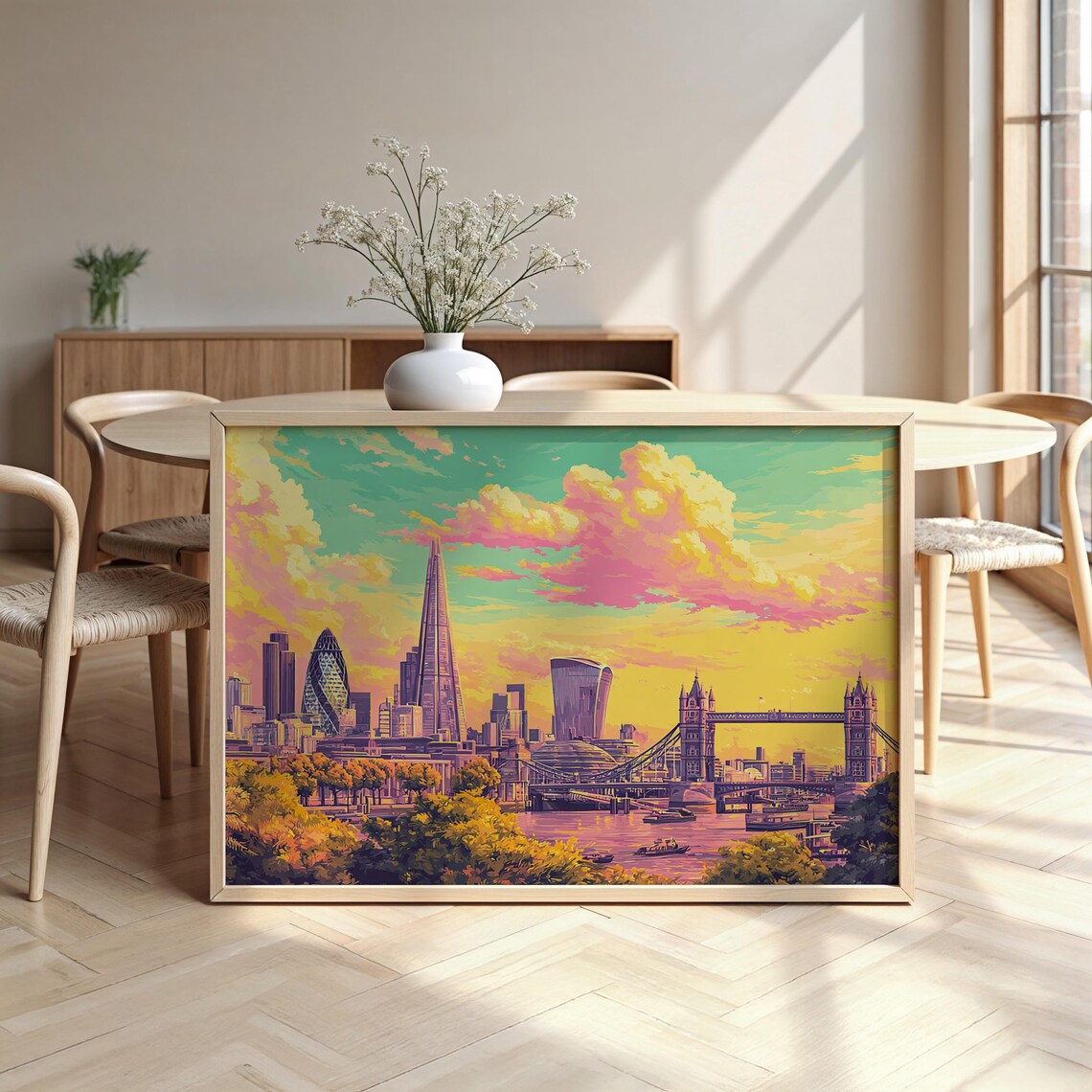 London Skyline Sunset Watercolor Tower Bridge and Shard Landmark Poster