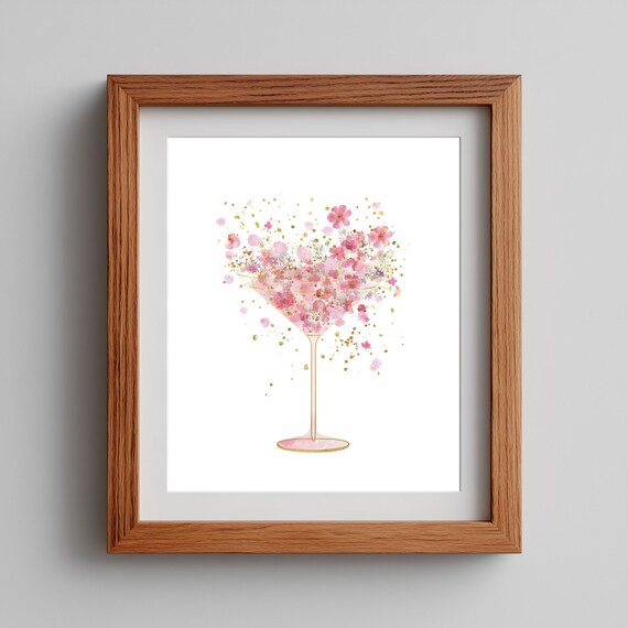 Pink Floral Cocktail Drink Art Print, Whimsical Botanical