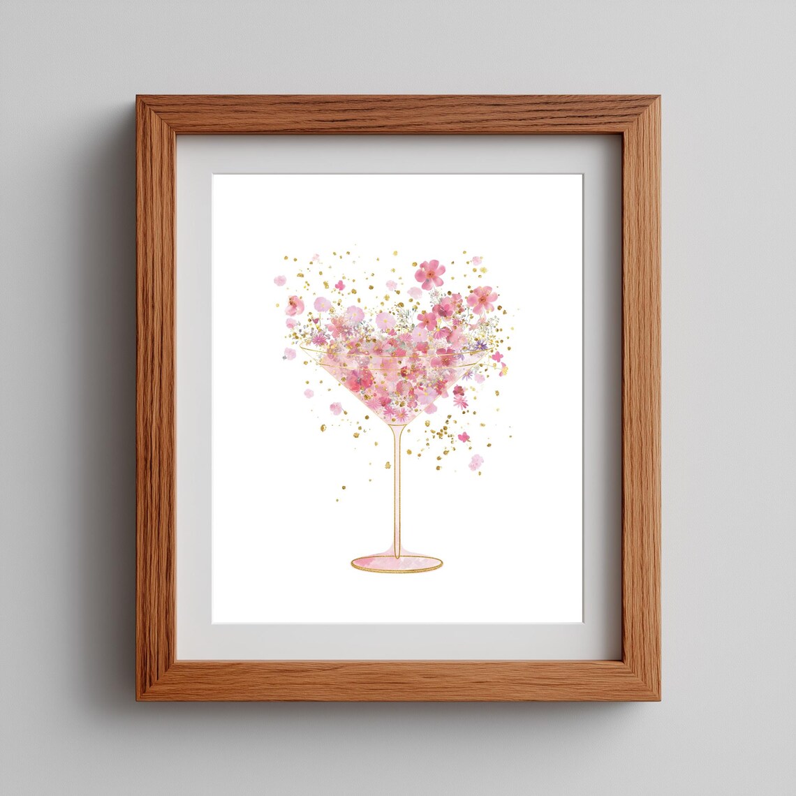 Pink Floral Cocktail Drink Art Print, Whimsical Botanical