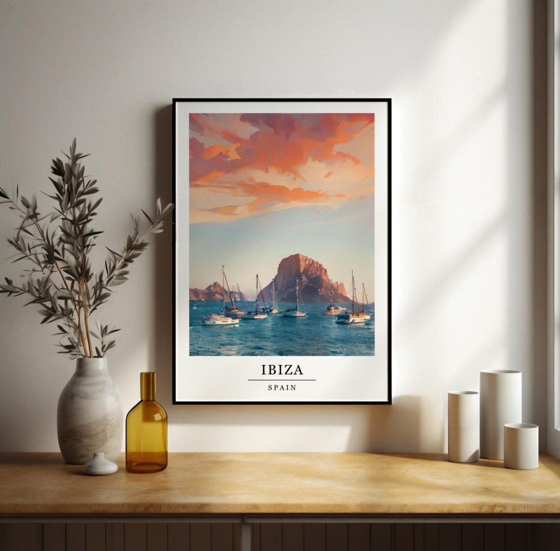 Watercolour Ibiza Travel Poster, Retro Style