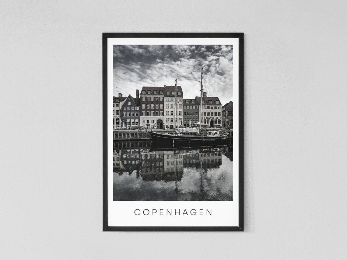 Historic Copenhagen Nyhavn Harbor Black And White Denmark Art Poster