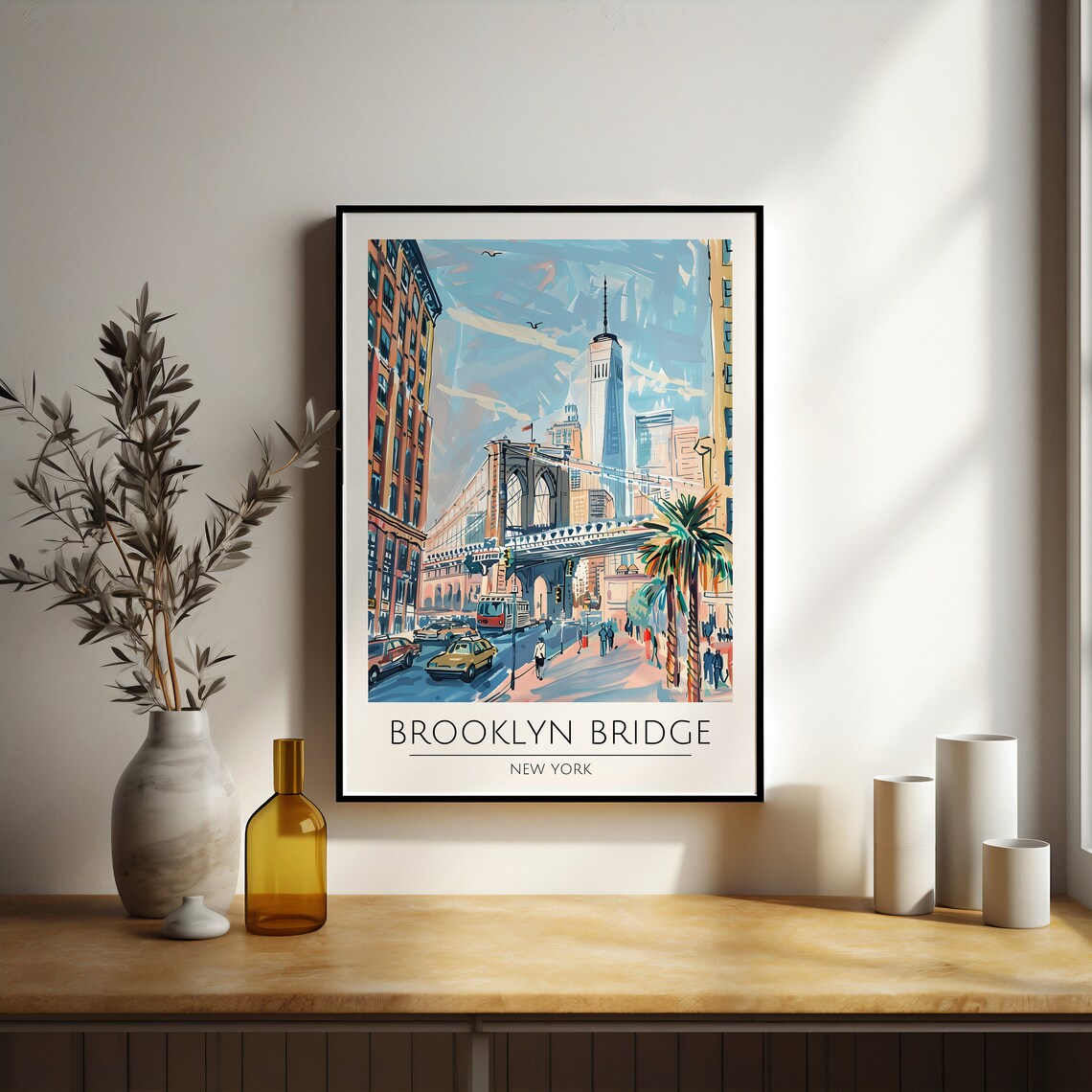 Watercolour New York City Brooklyn Bridge Travel Poster
