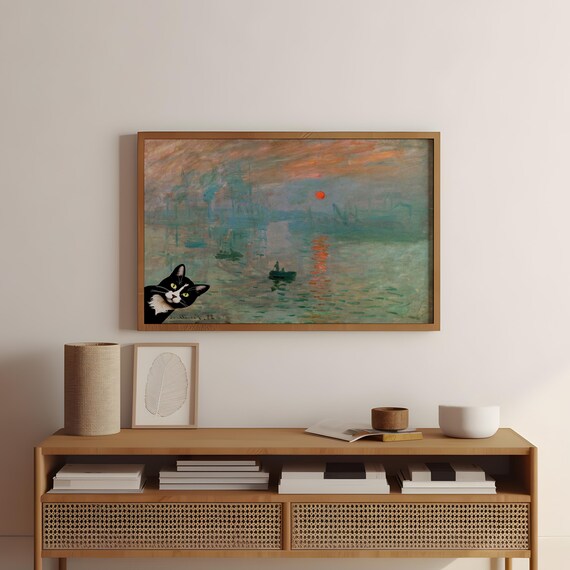 Monet Impression Sunrise Black Cat Funny Classic Canvas Wall Art