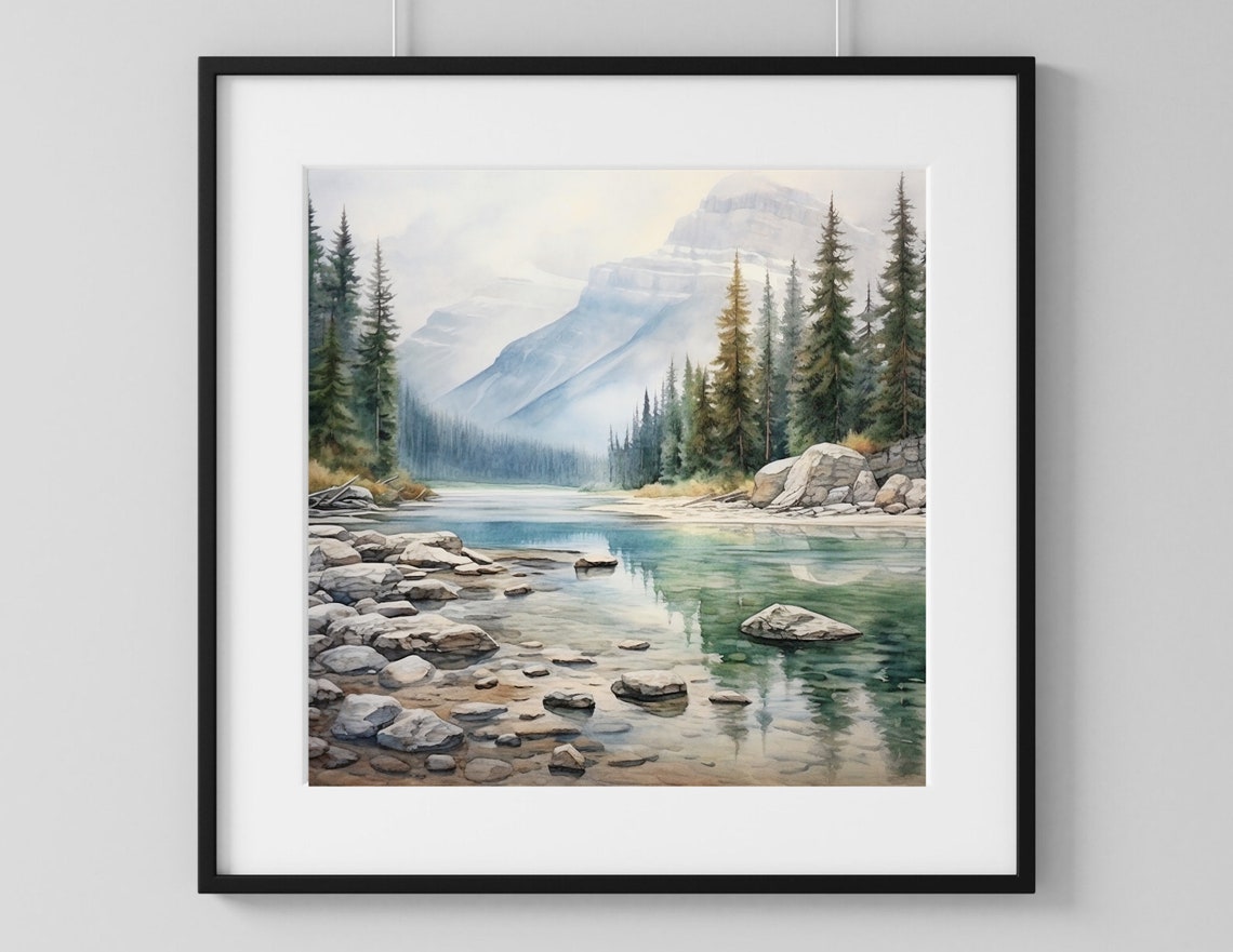 Rocky Shore Mountain Lake Watercolor with Pines and Peak Poster - Image 3