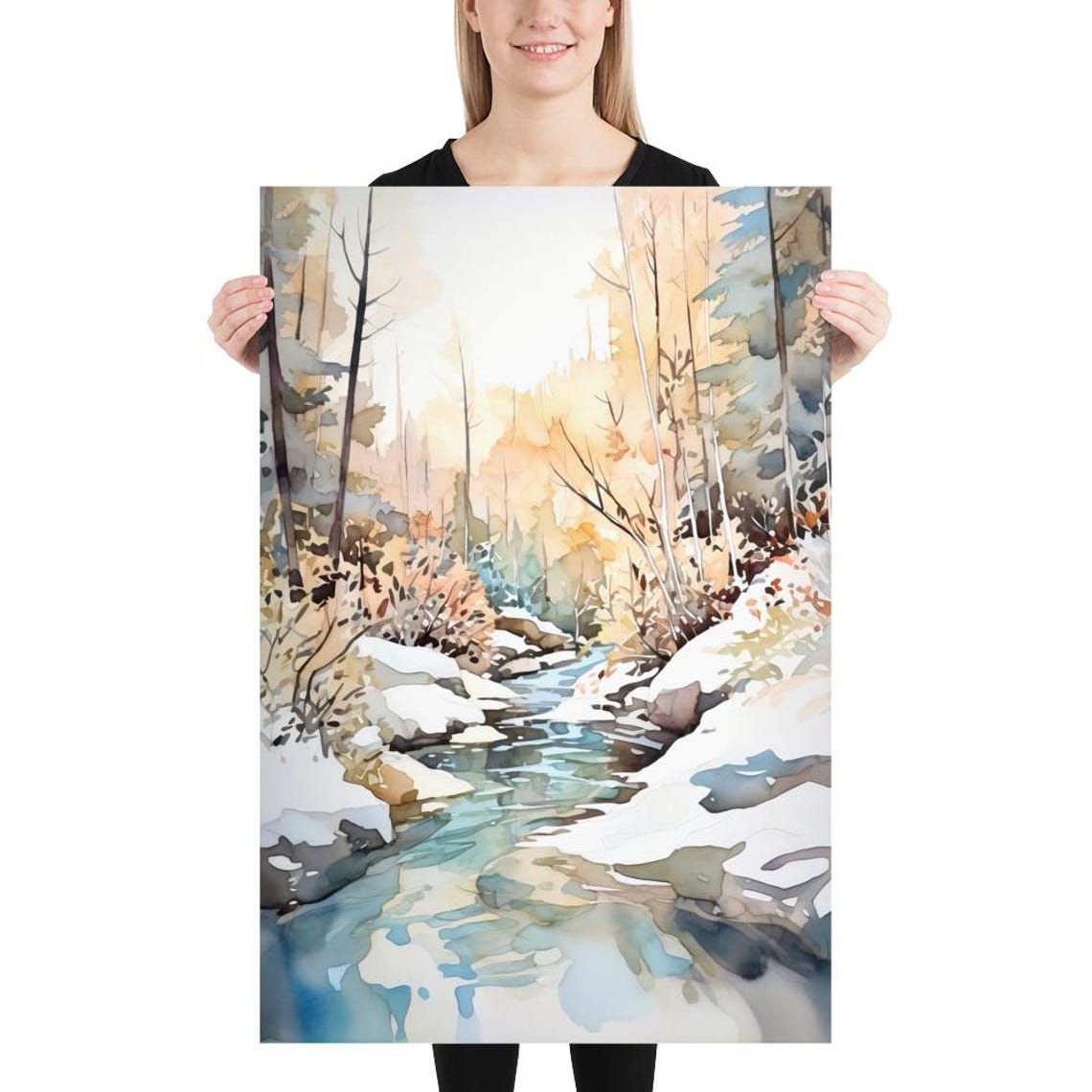 Winter Forest Stream Snow Covered Banks Watercolor Art Poster - Image 3