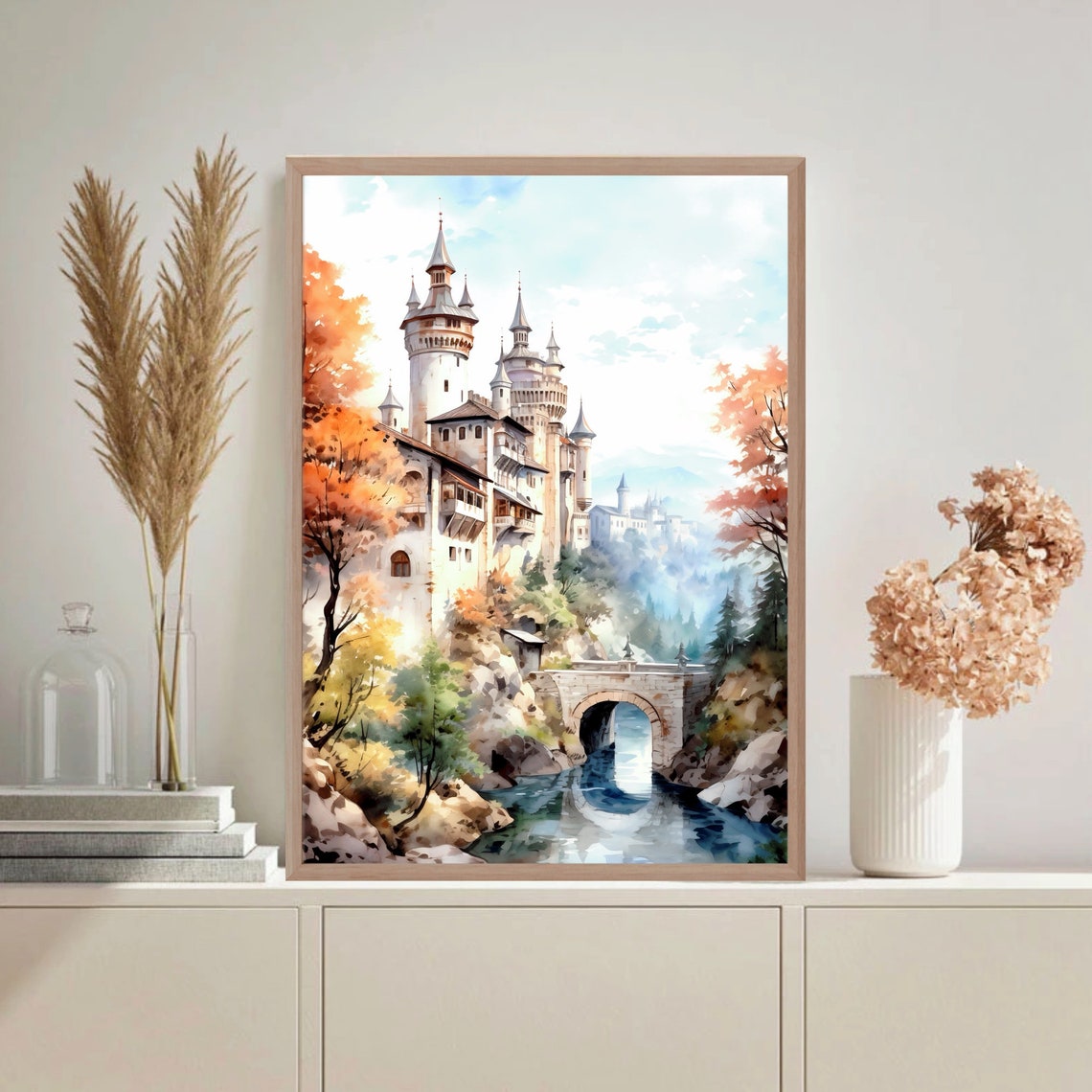 Fairytale Castle Watercolor with Stone Bridge River and Trees Poster - Image 5
