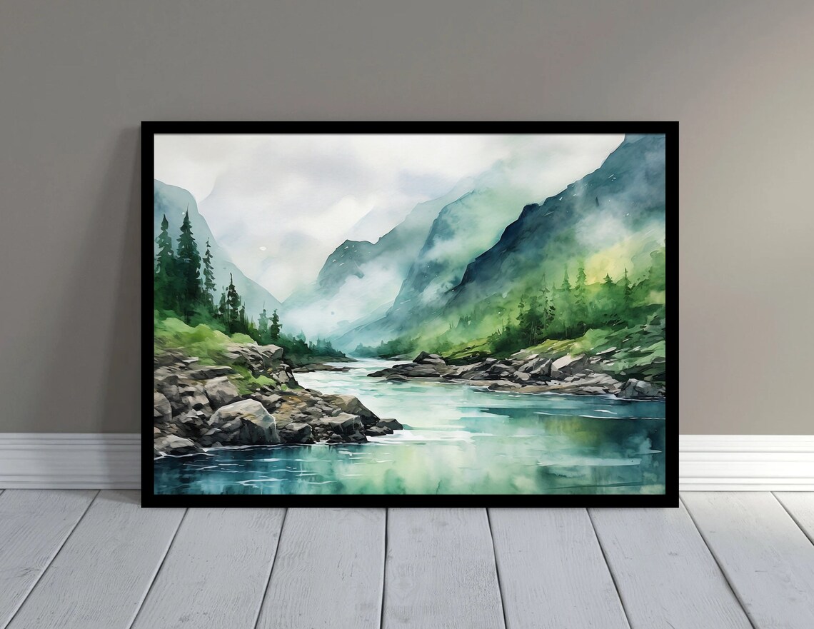 Mountain River Watercolor Print, Misty Forest Landscape - Image 4