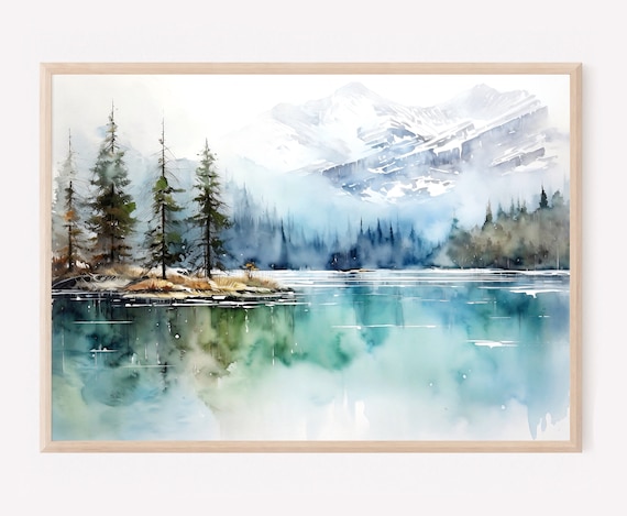 Misty Mountain Lake Snowy Peaks Pine Island Watercolor Poster