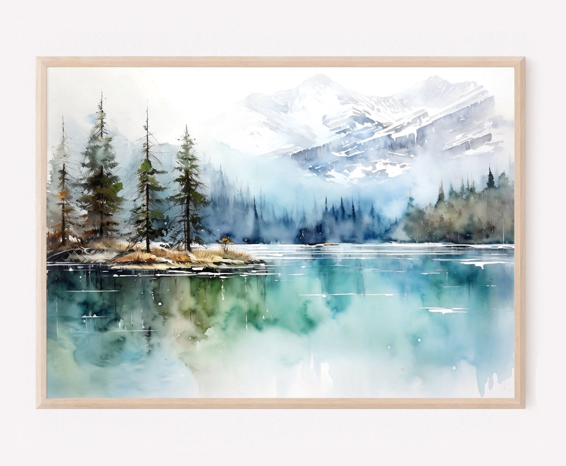 Misty Mountain Lake Snowy Peaks Pine Island Watercolor Poster