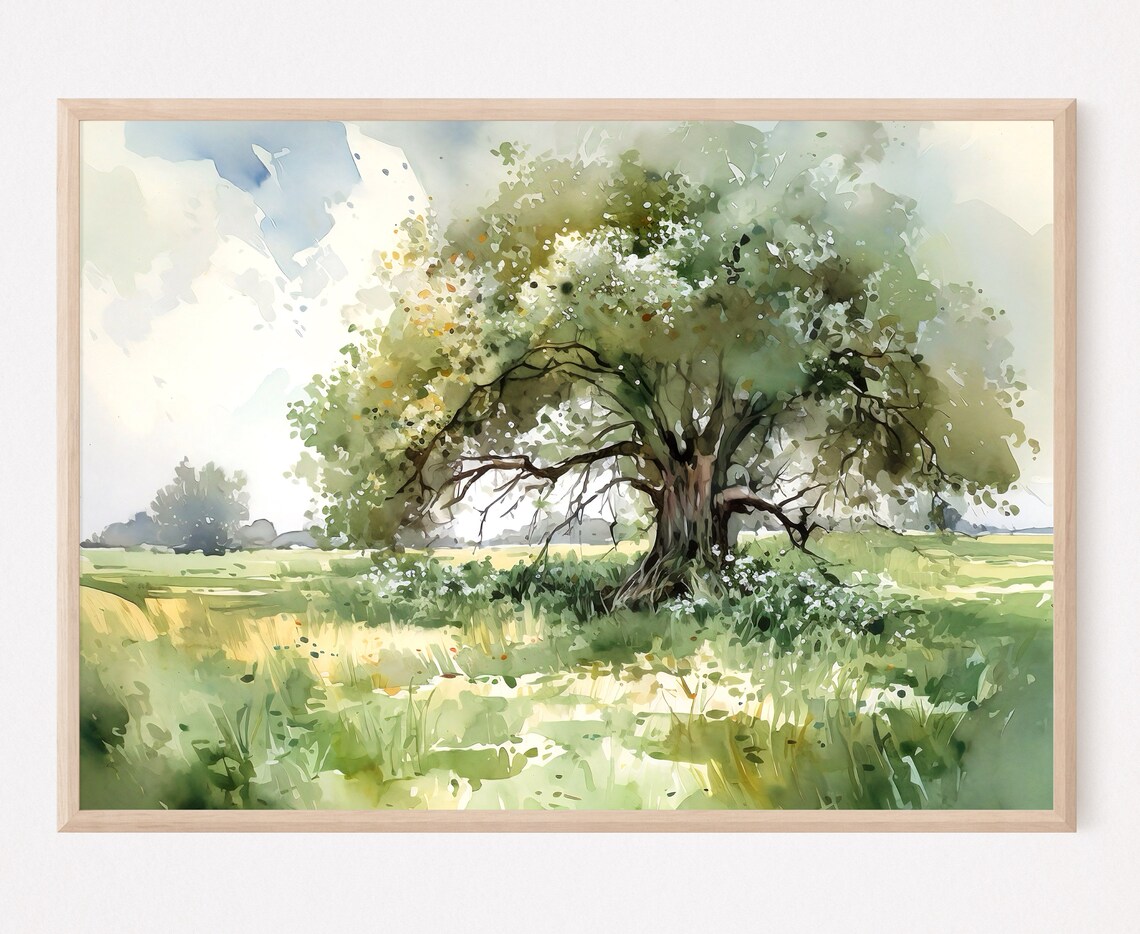 Oak Tree Watercolor Art Print, Summer Meadow Landscape